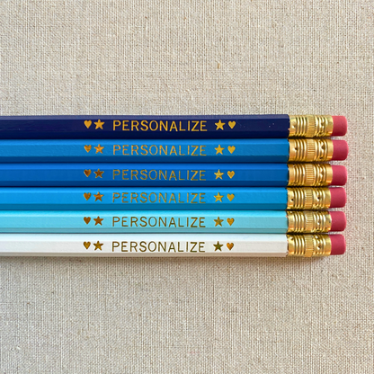 Set of 6 personalized Oxford blues pencil set flat lay with custom text hand-pressed made in the USA back to school gift