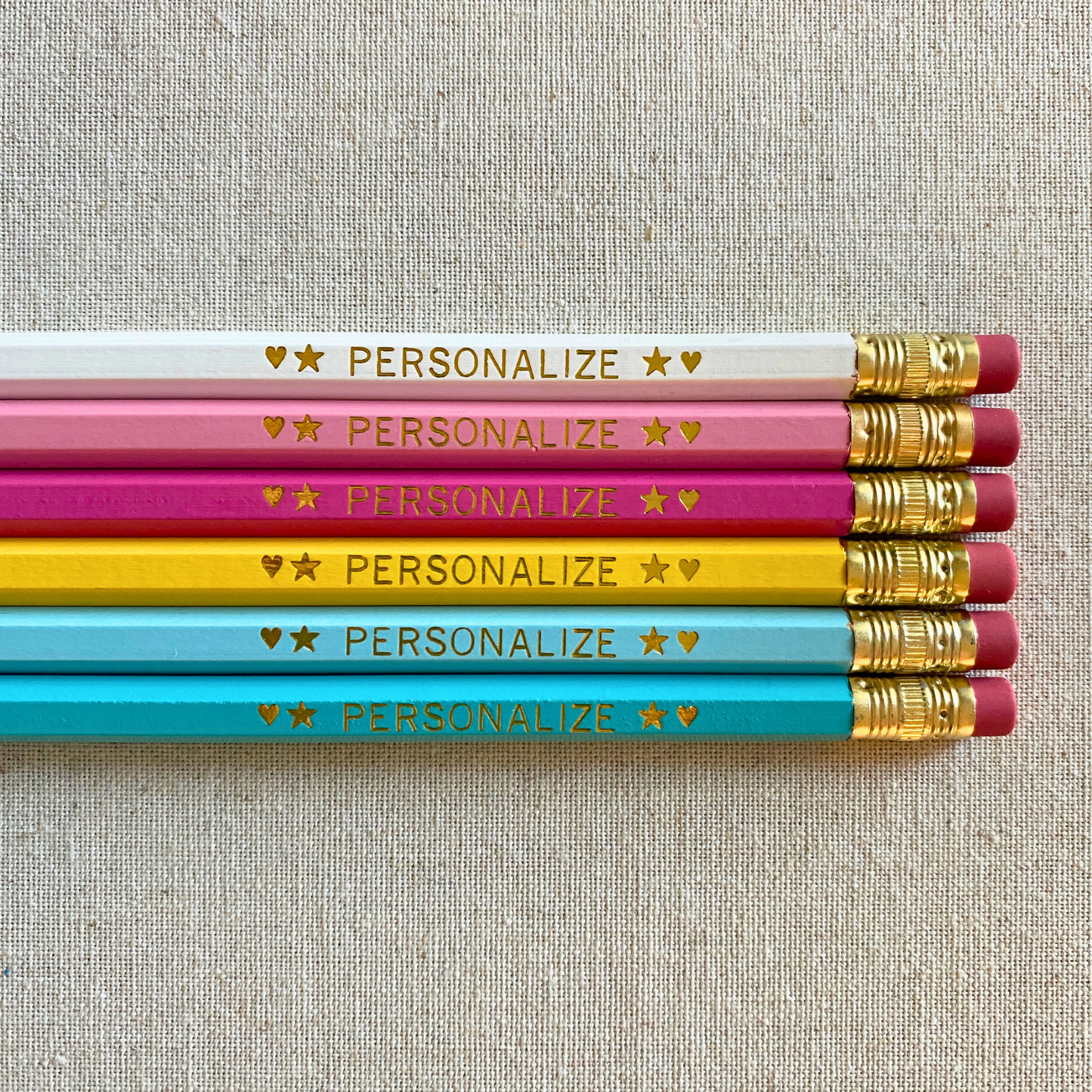 Set of 6 personalized aqua delight pencil set flat lay with custom text hand-pressed made in the USA back to school gift for kids