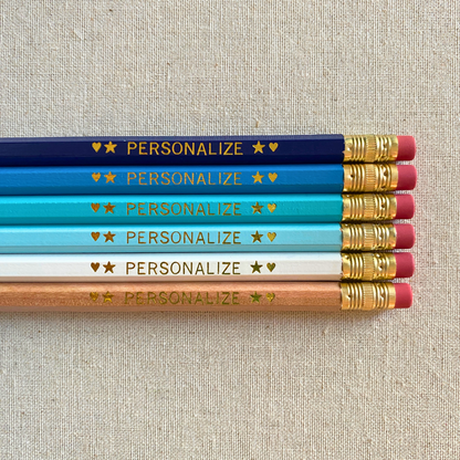 Set of 6 personalized beachy blues pencil set flat lay with custom text hand-pressed made in the USA back to school gift for kids