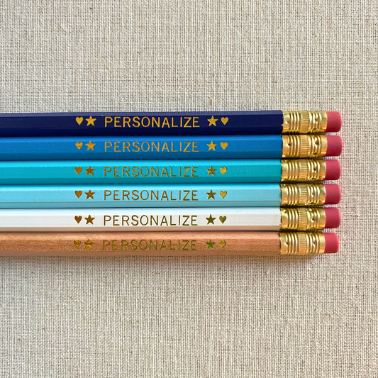 Set of 6 personalized beachy blues pencil set flat lay with custom text hand-pressed made in the USA back to school gift for kids