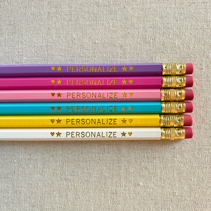 Set of 6 personalized bubblegum pink pencil set flat lay with custom text hand-pressed made in the USA gift for girls