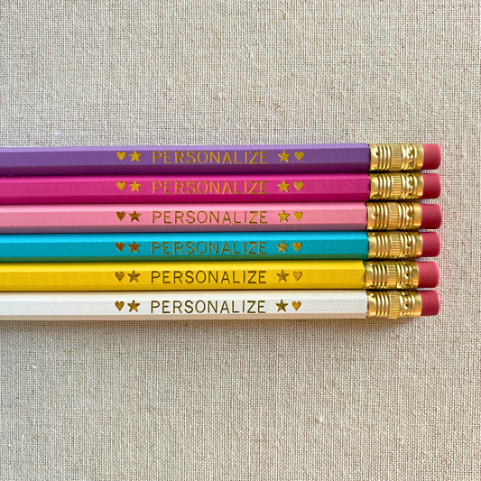Set of 6 personalized bubblegum pink pencil set flat lay with custom text hand-pressed made in the USA gift for girls