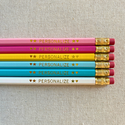 Set of 6 personalized dreamy hues pencil set flat lay with custom text hand-pressed made in the USA gift for girls