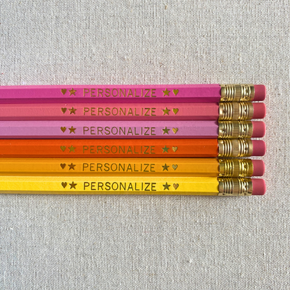 Set of 6 personalized flamingo sunrise pink pencil set flat lay with custom text hand-pressed made in the USA gift for girls