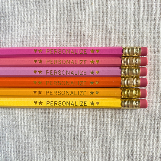Set of 6 personalized flamingo sunrise pink pencil set flat lay with custom text hand-pressed made in the USA gift for girls