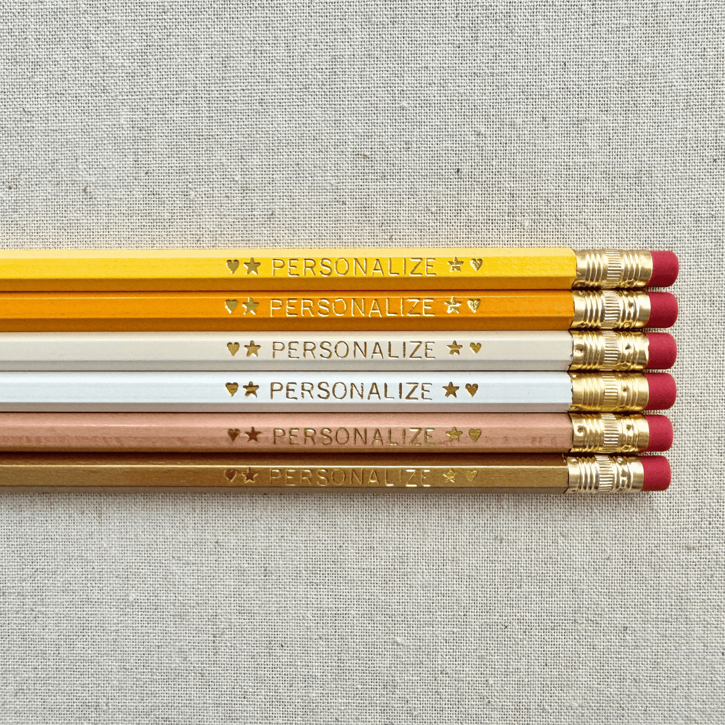 Set of 6 personalized honeybee yellow pencil set flat lay with custom text hand-pressed made in the USA back to school gift for kids