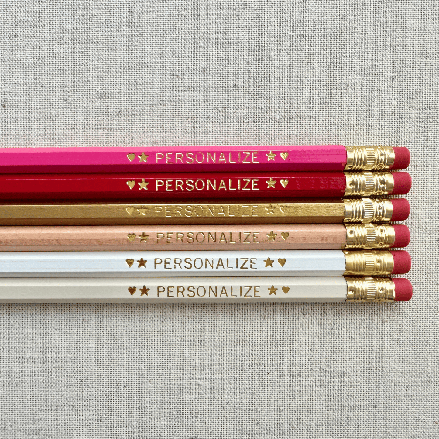 Set of 6 personalized ivory rose pencil set flat lay with custom text hand-pressed made in the USA gift for girls
