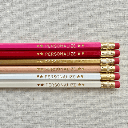 Set of 6 personalized ivory rose pencil set flat lay with custom text hand-pressed made in the USA gift for girls
