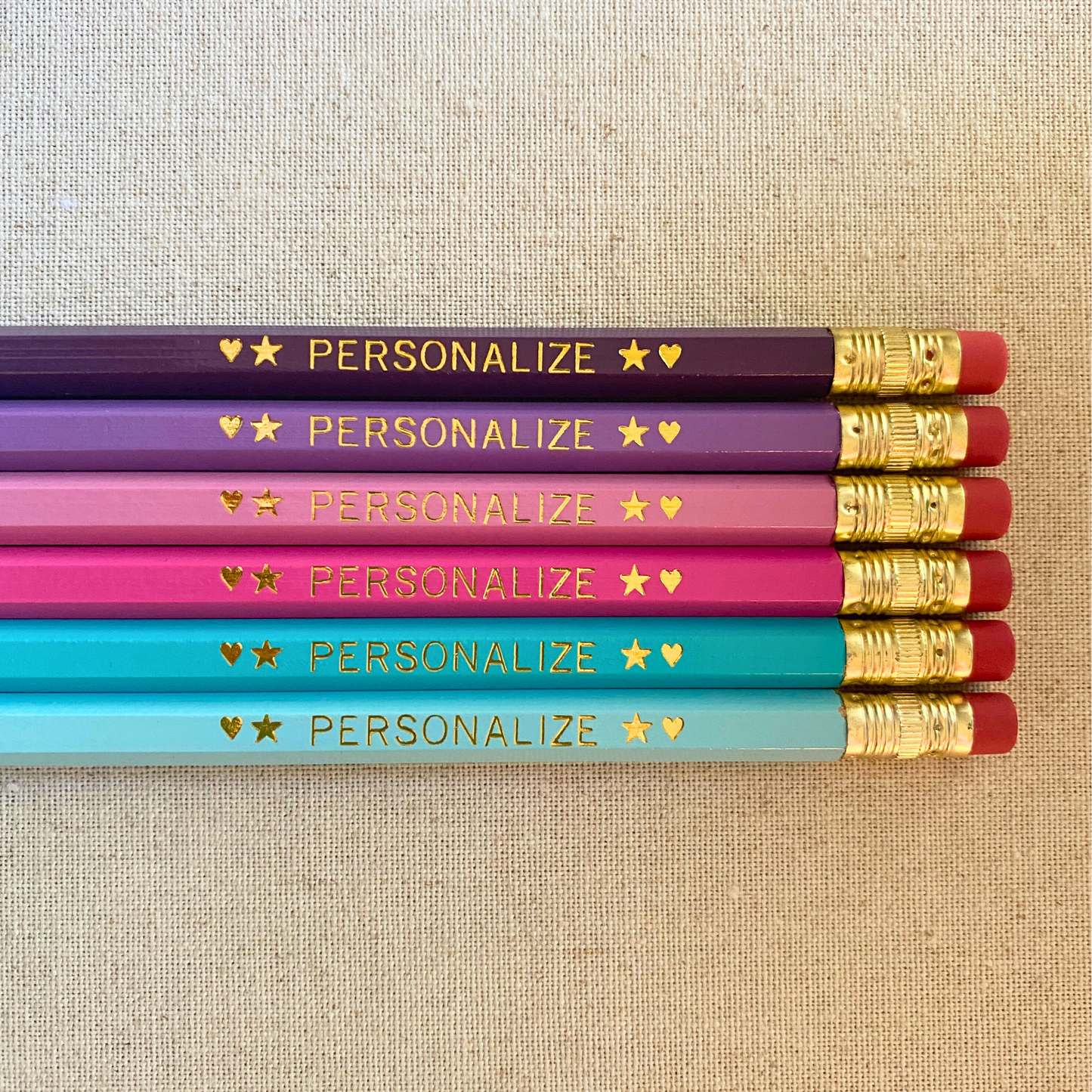Set of 6 personalized lavender bliss purple pencil set flat lay with custom text hand-pressed made in the USA gift for girls