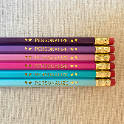 Set of 6 personalized lavender bliss purple pencil set flat lay with custom text hand-pressed made in the USA gift for girls