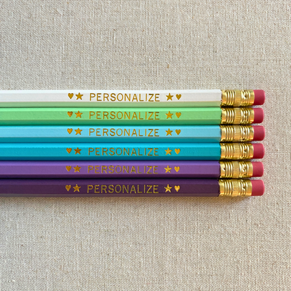 Set of 6 personalized lilac dream purple pencil set flat lay with custom text hand-pressed made in the USA gift for girls