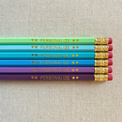 Set of 6 personalized lilac whisper purple pencil set flat lay with custom text hand-pressed made in the USA gift for girls