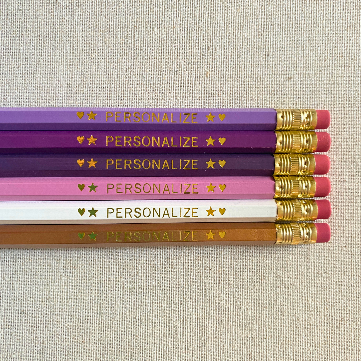 Set of 6 personalized midnight amethyst purple pencil set flat lay with custom text hand-pressed made in the USA gift for girls