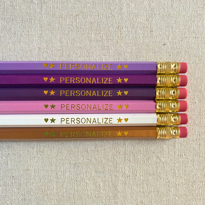 Set of 6 personalized midnight amethyst purple pencil set flat lay with custom text hand-pressed made in the USA gift for girls