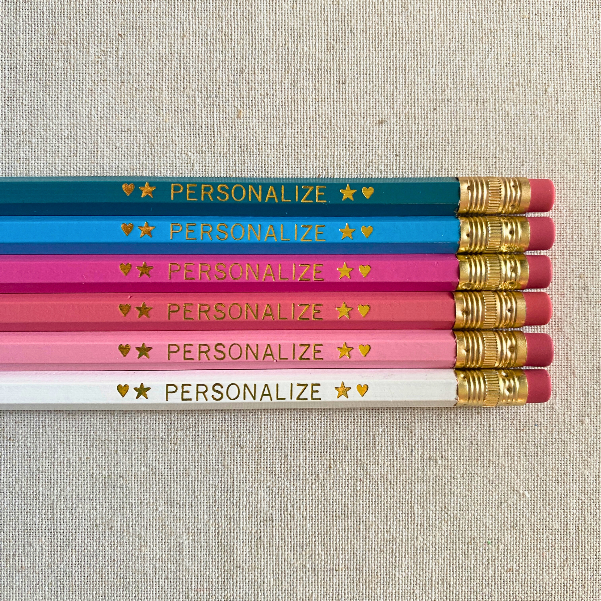 Set of 6 personalized modern pinks pencil set flat lay with custom text hand-pressed made in the USA teacher appreciation gift