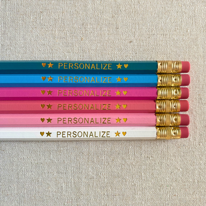 Set of 6 personalized modern pinks pencil set flat lay with custom text hand-pressed made in the USA teacher appreciation gift