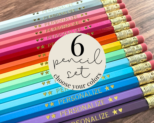 Set of 6 personalized pencils flat lay with custom text hand-pressed made in the USA gift for kids teachers and back to school