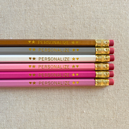 Set of 6 personalized pink champagne pencil set flat lay with custom text hand-pressed made in the USA teacher appreciation gift