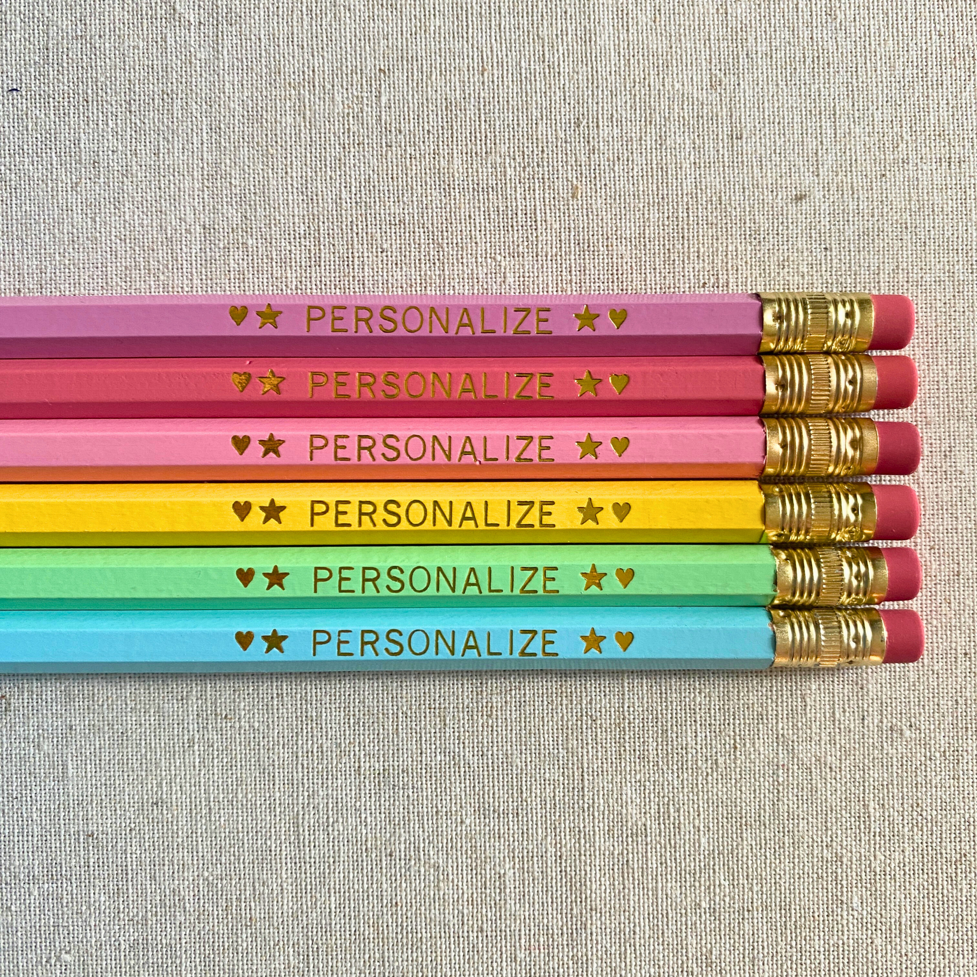 Set of 6 personalized pretty pastels pencil set flat lay with custom text hand-pressed made in the USA back to school gift for kids