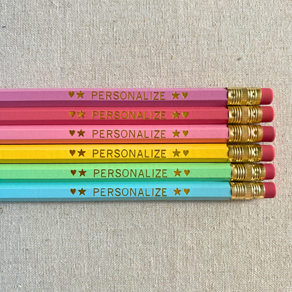 Set of 6 personalized pretty pastels pencil set flat lay with custom text hand-pressed made in the USA back to school gift for kids