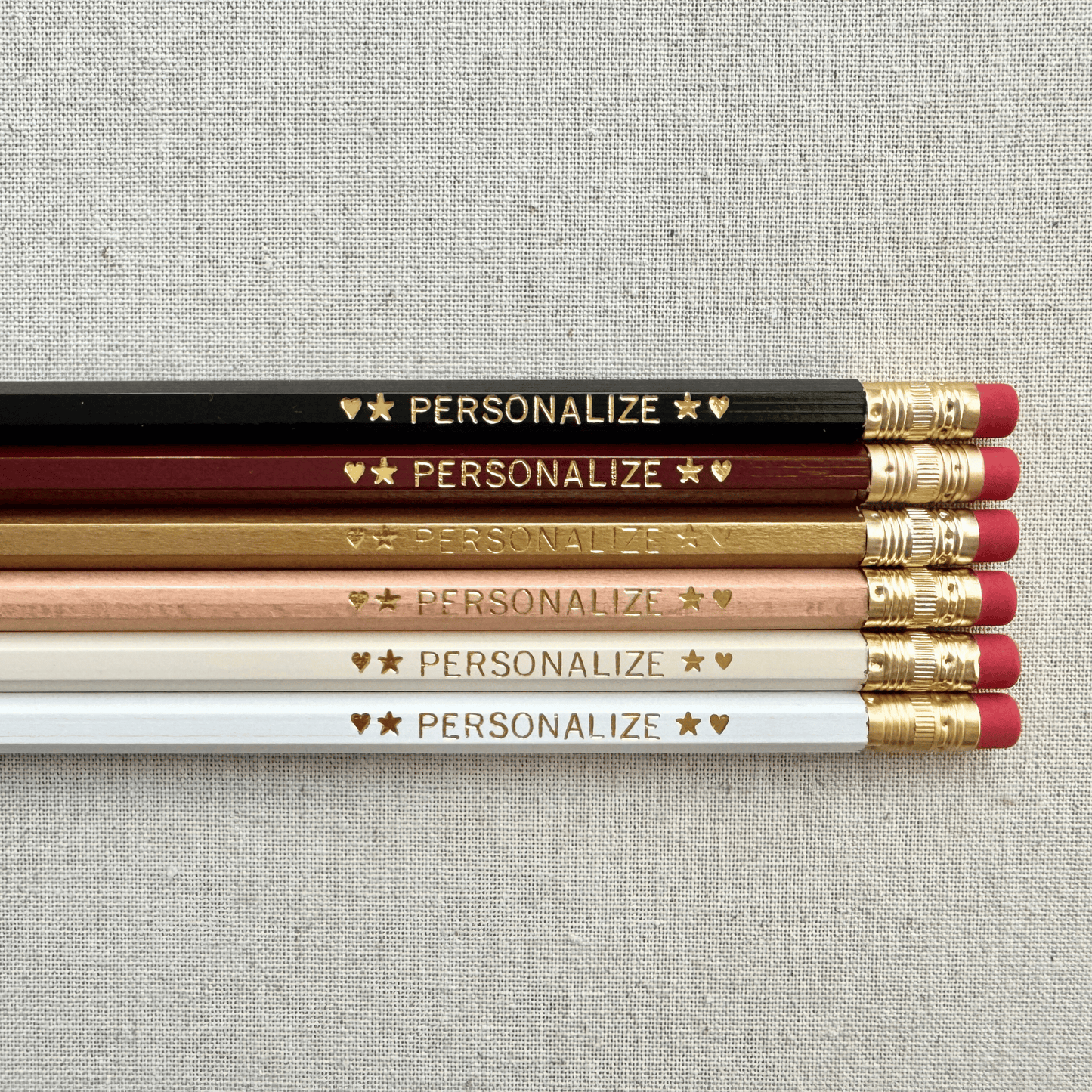 Set of 6 personalized rich minimalism pencil set flat lay with custom text hand-pressed made in the USA corporate gift