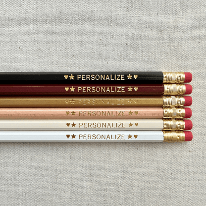 Set of 6 personalized rich minimalism pencil set flat lay with custom text hand-pressed made in the USA corporate gift