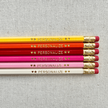 Set of 6 personalized rose garden pink pencil set flat lay with custom text hand-pressed made in the USA teacher appreciation gift