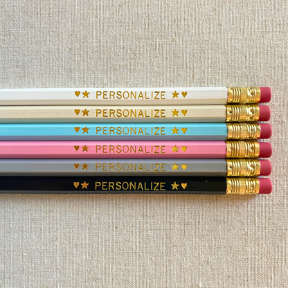 Set of 6 personalized serenity blue pencil set flat lay with custom text hand-pressed made in the USA teacher appreciation gift