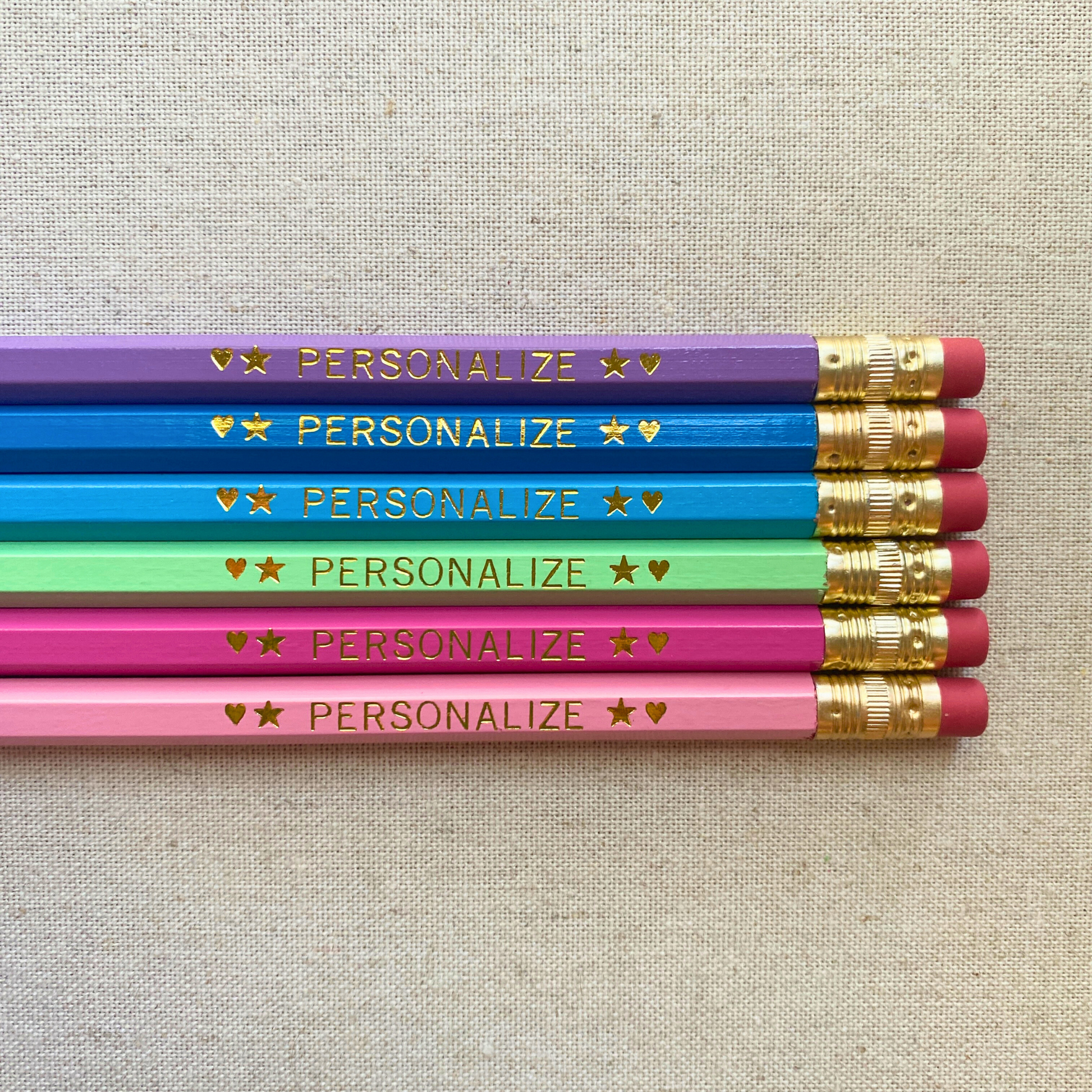 Set of 6 personalized sweet candy pencil set flat lay with custom text hand-pressed made in the USA stocking stuffer for kids