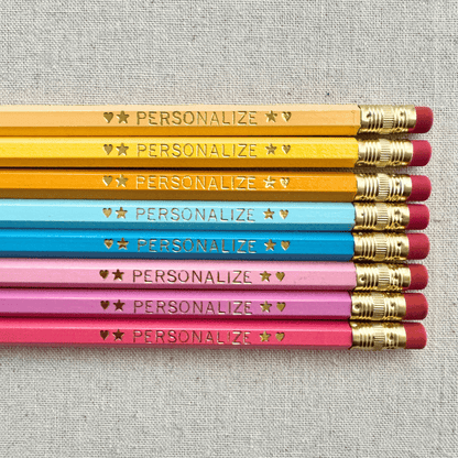 Set of 8 personalized bubblegum breeze pink pencil set flat lay with custom text hand-pressed made in the USA gift for girls
