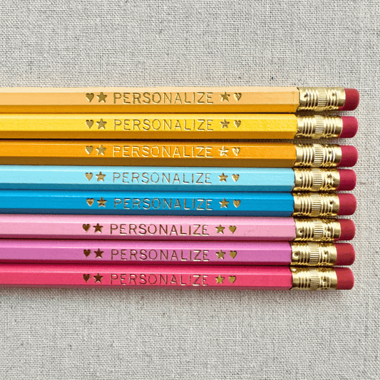 Set of 8 personalized bubblegum breeze pink pencil set flat lay with custom text hand-pressed made in the USA gift for girls