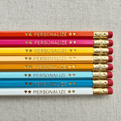 Set of 8 personalized color me happy pencil set flat lay with custom text hand-pressed made in the USA stocking stuffer for kids