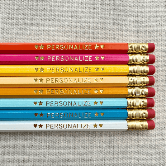 Set of 8 personalized color me happy pencil set flat lay with custom text hand-pressed made in the USA stocking stuffer for kids
