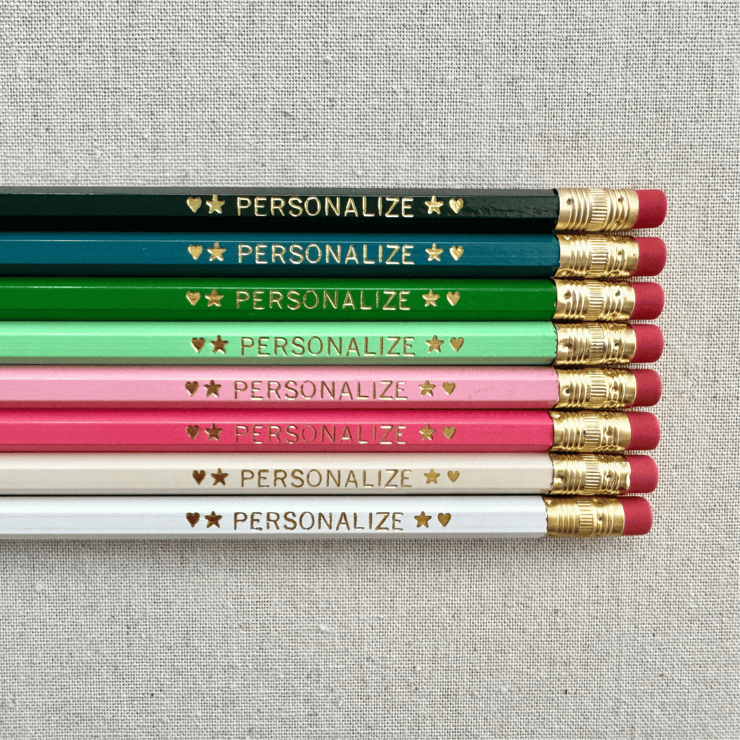 Set of 8 personalized mossy banks green pencil set flat lay with custom text hand-pressed made in the USA back to school gift