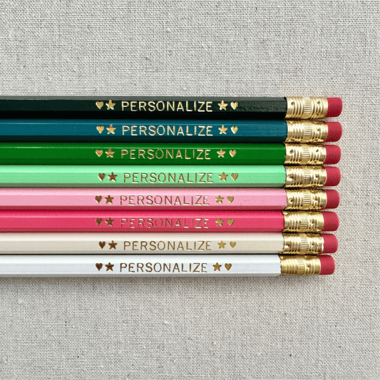 Set of 8 personalized mossy banks green pencil set flat lay with custom text hand-pressed made in the USA back to school gift