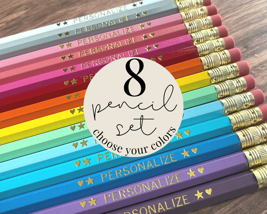 Set of 8 personalized pencils flat lay with custom text hand-pressed made in the USA gift for kids teachers and back to school