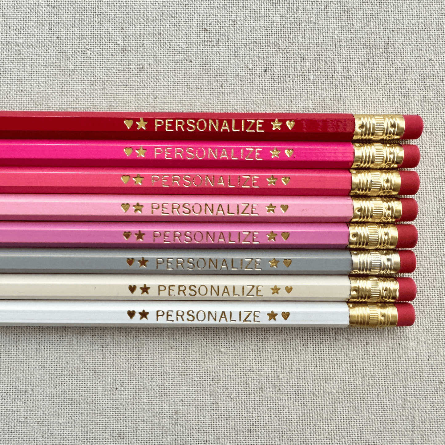 Set of 8 personalized pink prose pencil set flat lay with custom text hand-pressed made in the USA gift for girls