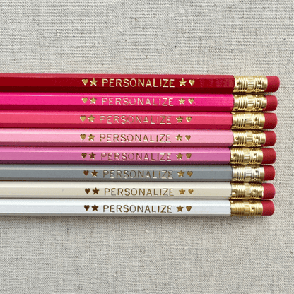 Set of 8 personalized pink prose pencil set flat lay with custom text hand-pressed made in the USA gift for girls