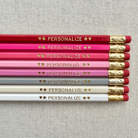 Set of 8 personalized pink prose pencil set flat lay with custom text hand-pressed made in the USA gift for girls