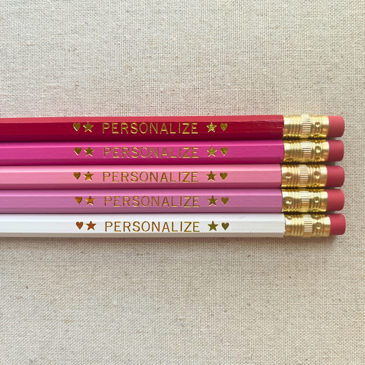 5 Personalized Pencils. Red, Bright Pink, Pastel Pink, Lavendar, White. Customized with a name or phrase.