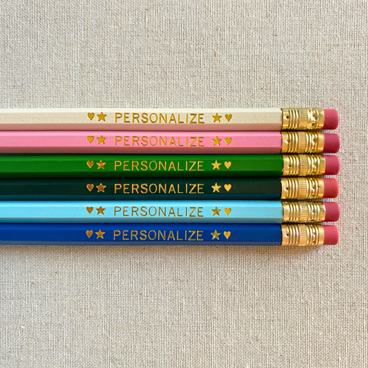 6 Personalized Pencils. Ivory, Pastel Pink, Green, Dark Green, Pastel Blue, Royal Blue. Customize with a name or a phrase.