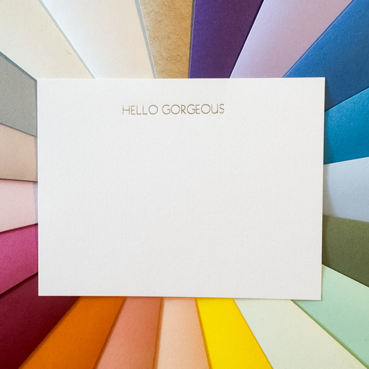 10 HELLO GORGEOUS Gold Foil Embossed Notecards and 10 Luxury Pointed Flap Envelopes