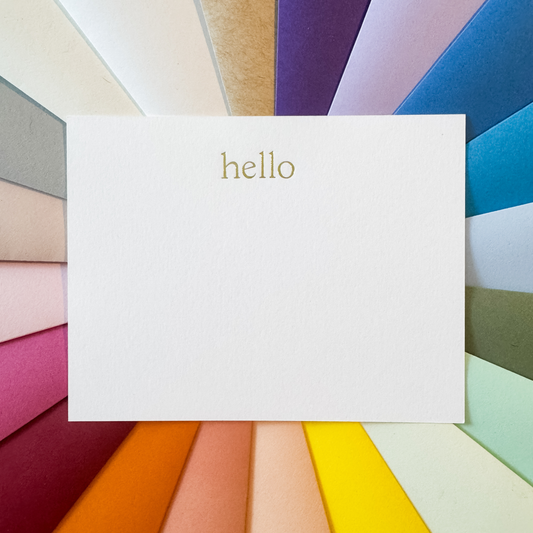 10 hello Gold Foil Embossed Notecards and 10 Luxury Pointed Flap Envelopes