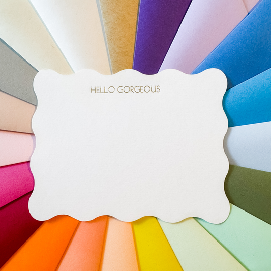 10 HELLO GORGEOUS Scalloped Gold Foil Embossed Notecards and 10 Luxury Pointed Flap Envelopes