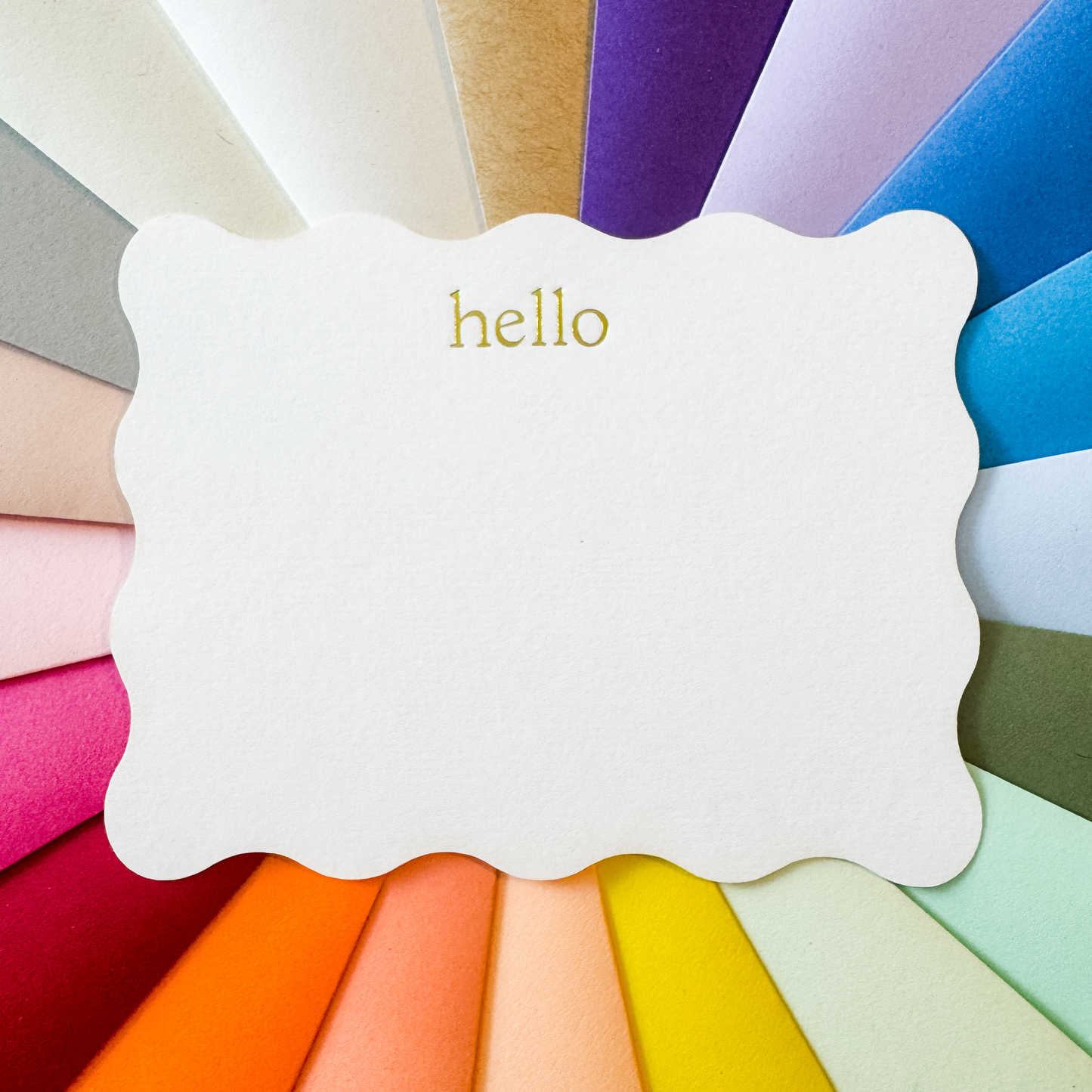 10 HELLO Scalloped Gold Foil Embossed Notecards and 10 Luxury Pointed Flap Envelopes