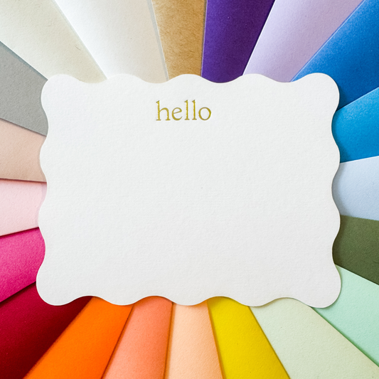 10 HELLO Scalloped Gold Foil Embossed Notecards and 10 Luxury Pointed Flap Envelopes
