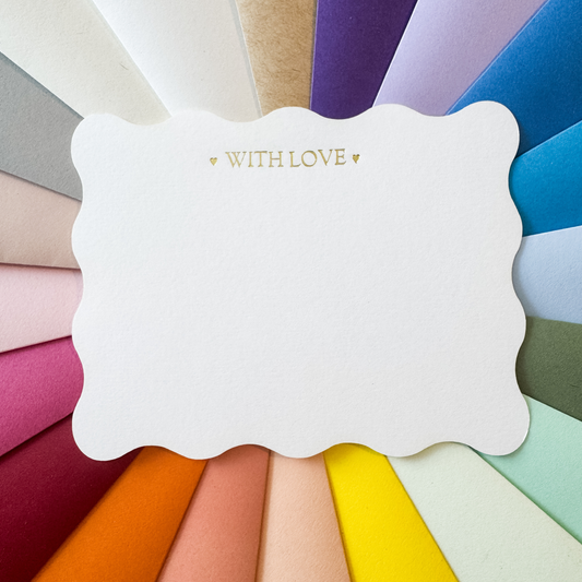 10 ♥ WITH LOVE ♥ Scalloped Gold Foil Embossed Notecards and 10 Luxury Pointed Flap Envelopes